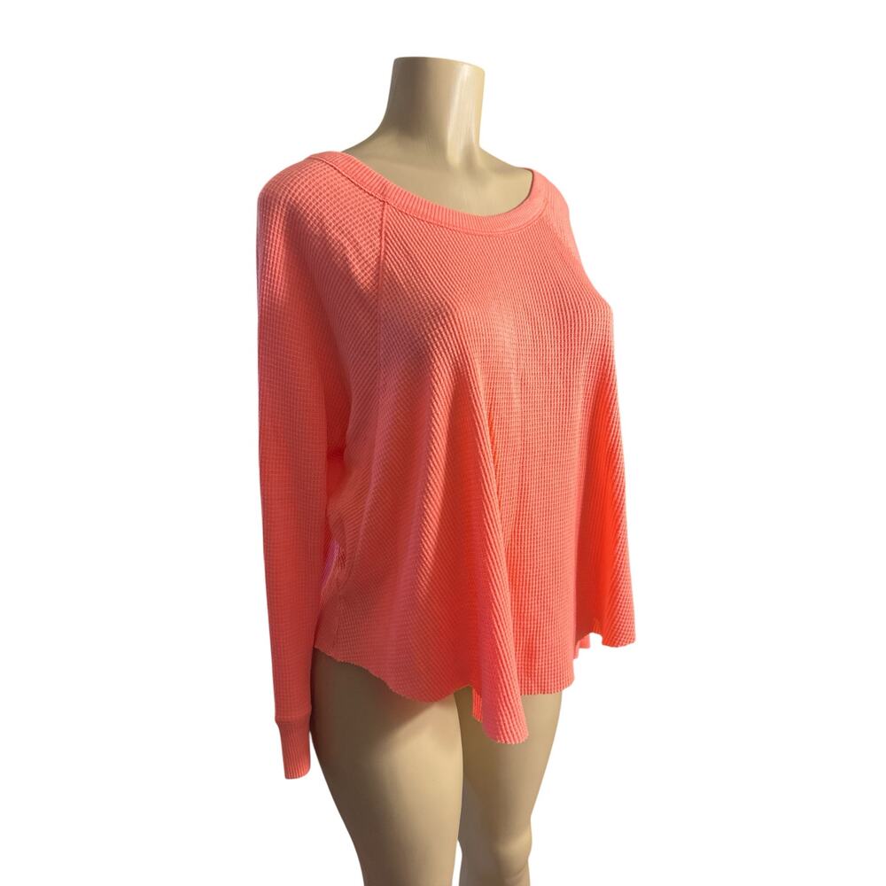 Women XS We The Free People Waffle Thermal Knit Blouse Shirt Top Tee Neon Pink